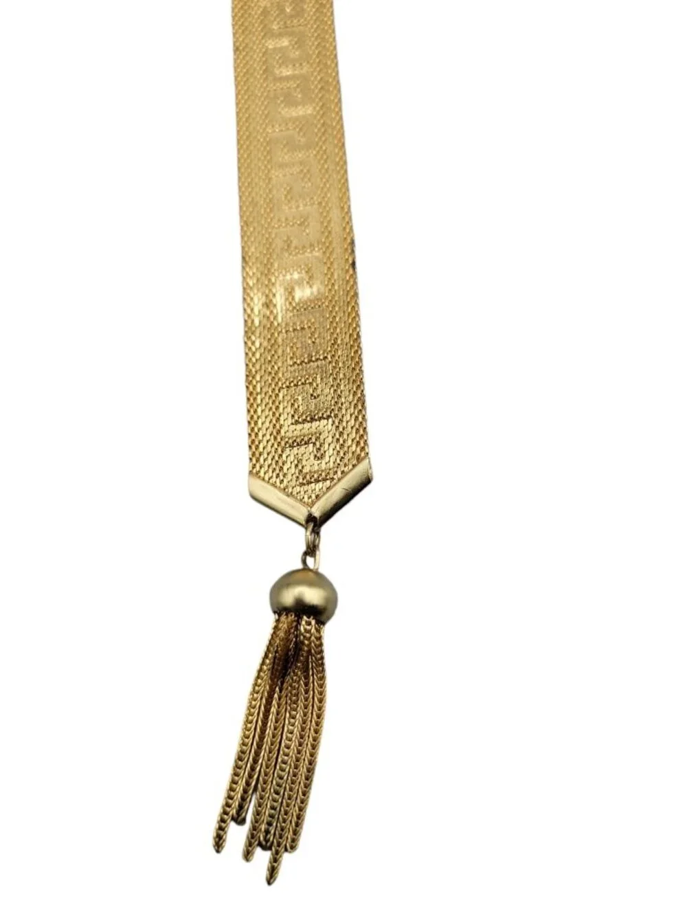 Art Deco Byzantine Greek Key Tassel Gold Tone Mesh Slide Bracelet - Picture 15 of 16